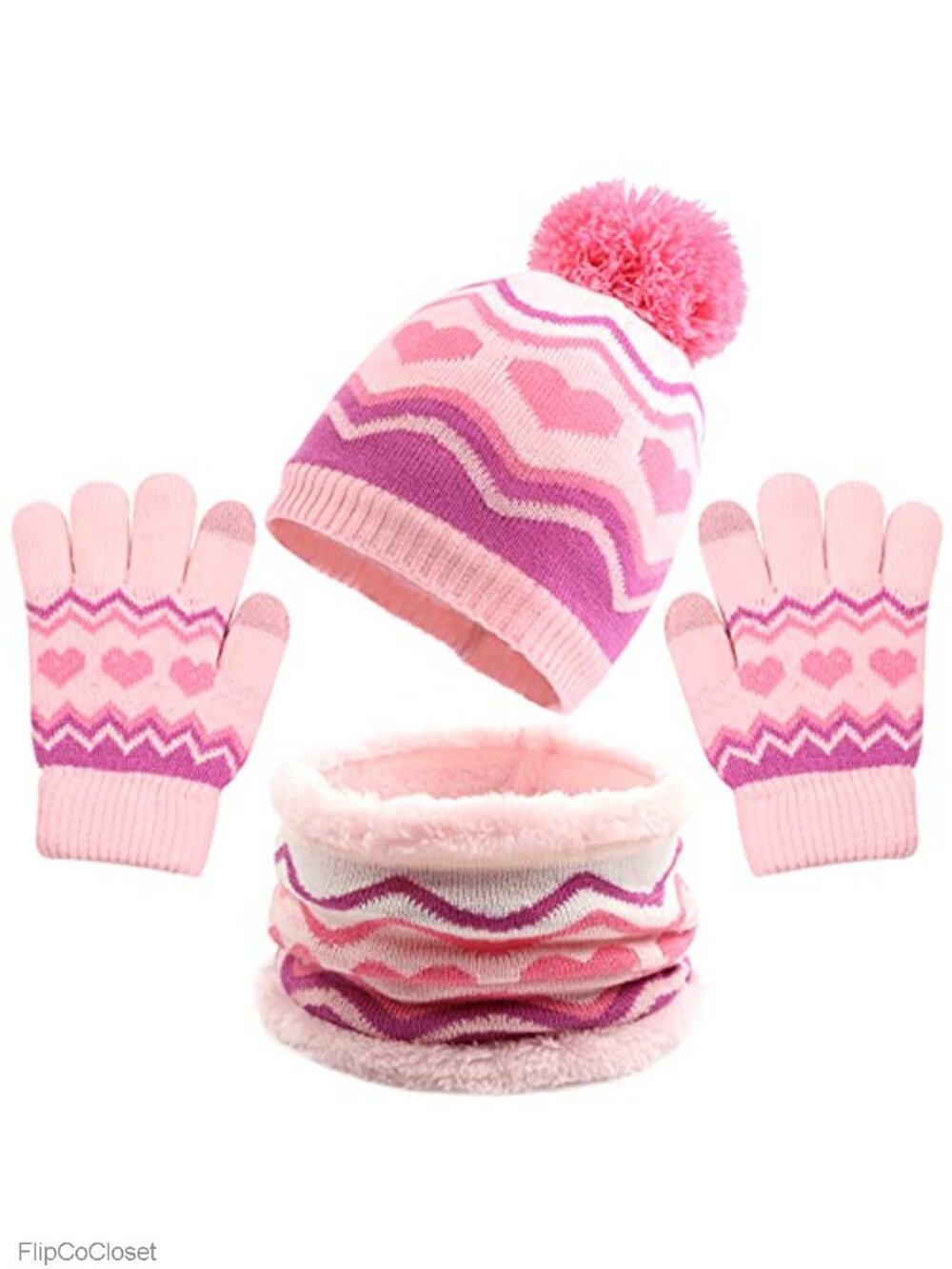 Kids Winter Hat Scarf Glove Set Knit Beanie Mittens Acrylic Fleece 3-8 Years